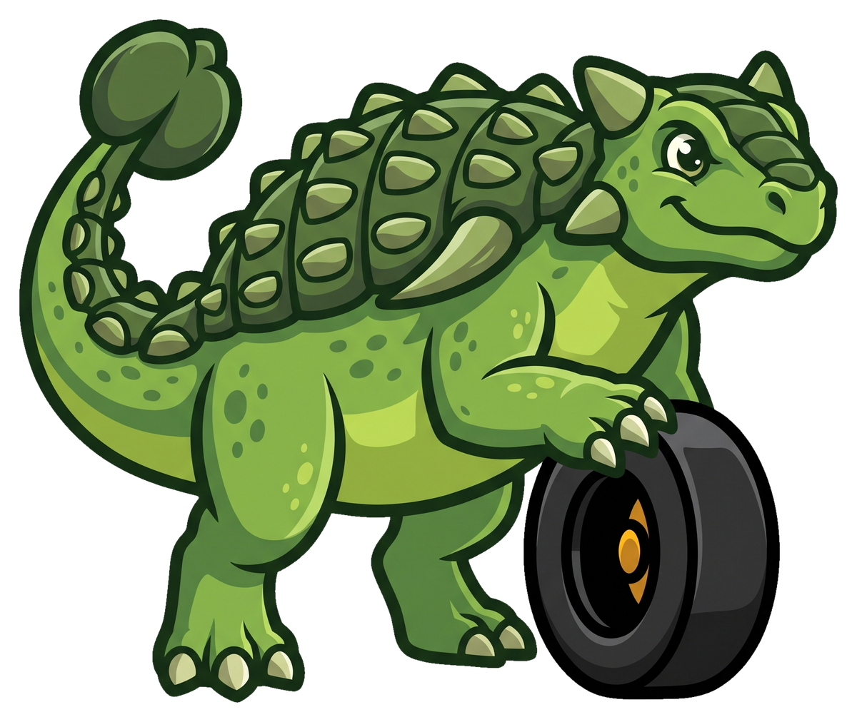 Ankylo — the Ankylo Automotive armored dinosaur mascot resting a foot on a tire