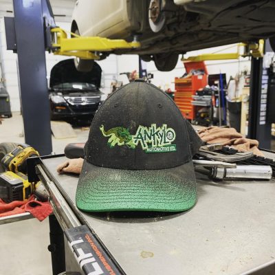 A vehicle up on the hoist in the Ankylo Automotive shop bay in Red Deer